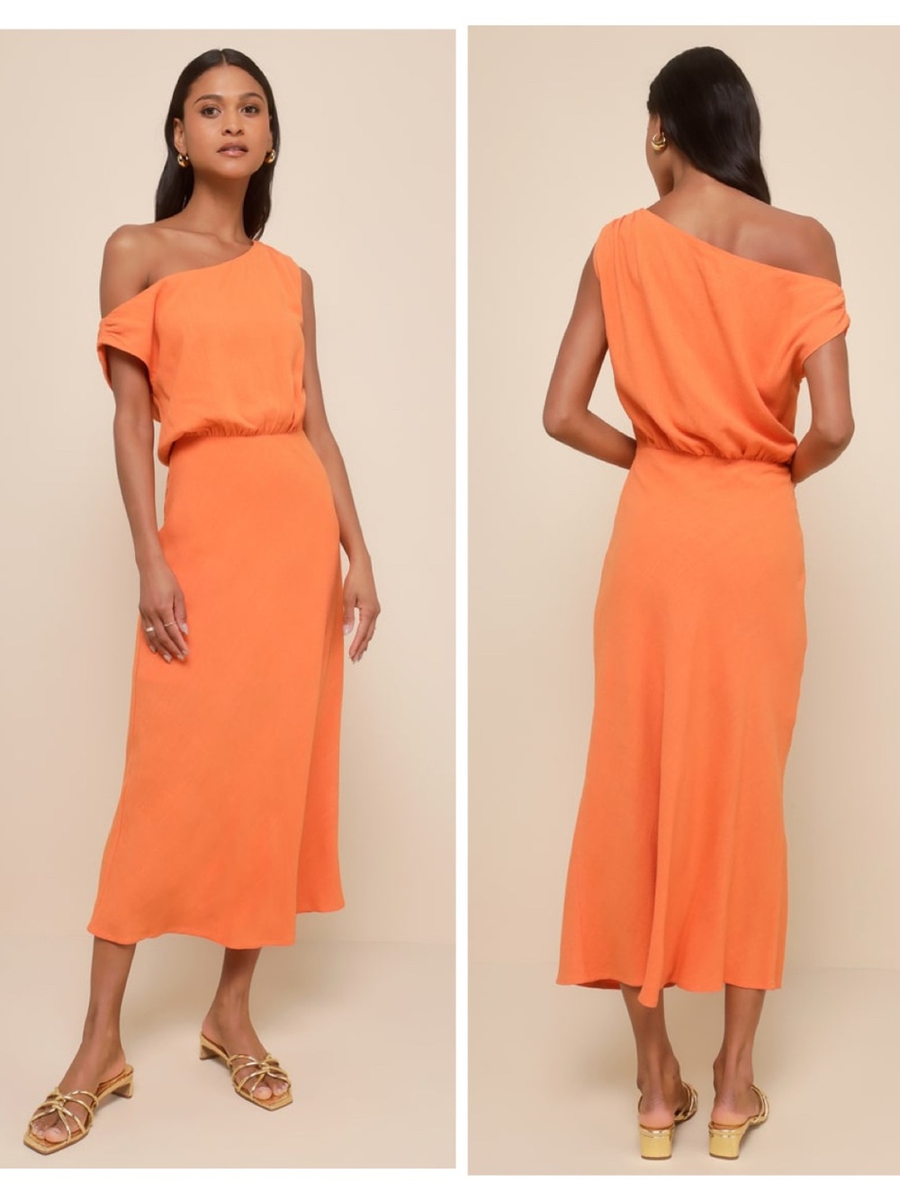 Lulus Casual Enchantment Orange Linen Off-the-Shoulder Midi Dress Size Medium